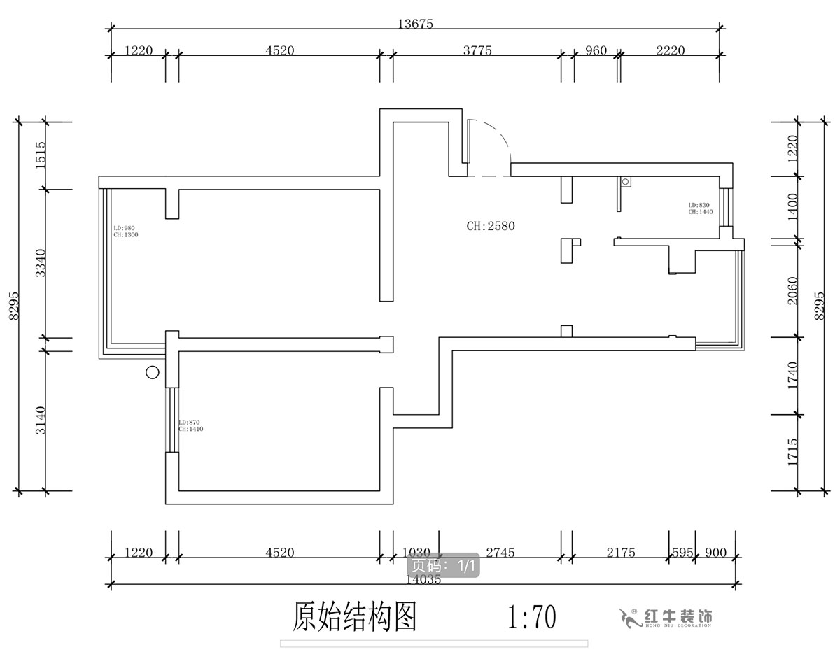 蔣?。蔡┐?1-401-80㎡-現(xiàn)代簡約風格｜2室1廳1衛(wèi)｜舊房裝修｜定制家￥126767｜全包12萬｜00_01原始結(jié)構(gòu)圖