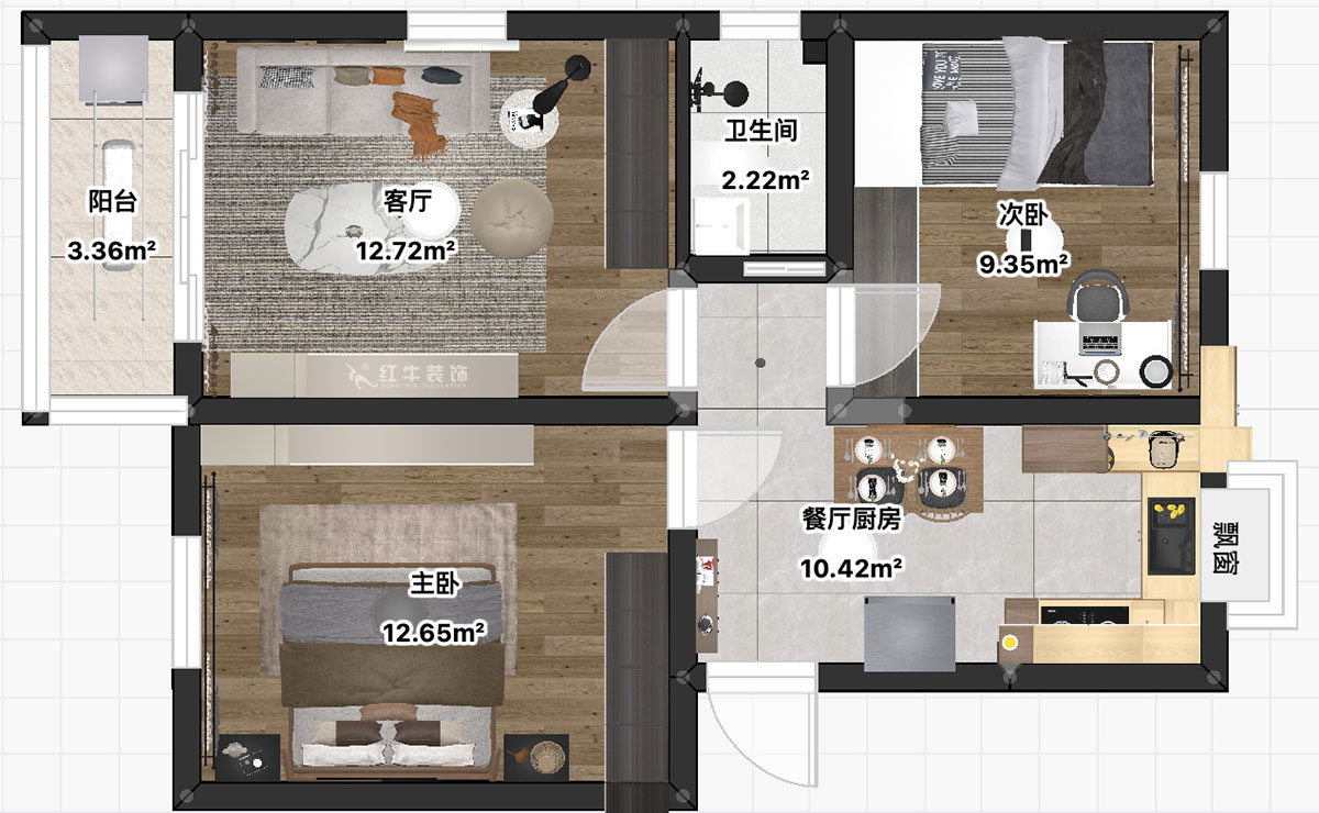 朱彥｜普德村118號(hào)4-406-65㎡-簡約風(fēng)格｜2室2廳1衛(wèi)｜老房裝修｜定制家｜全包11萬｜00_03平面彩圖